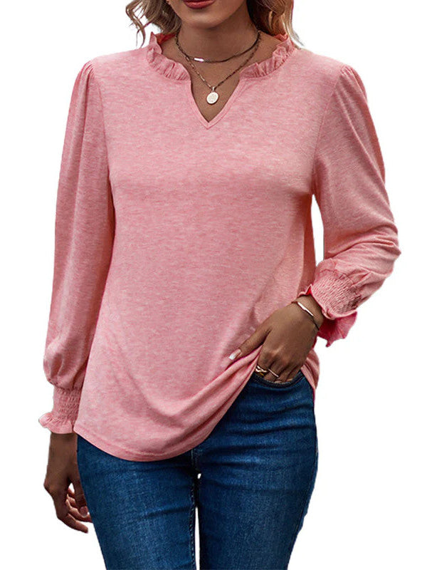 Bubble Long Sleeve V-Neck Loose Casual Tops