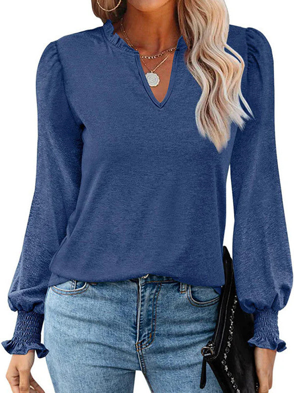 Bubble Long Sleeve V-Neck Loose Casual Tops