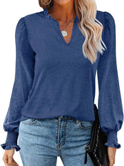 Bubble Long Sleeve V-Neck Loose Casual Tops