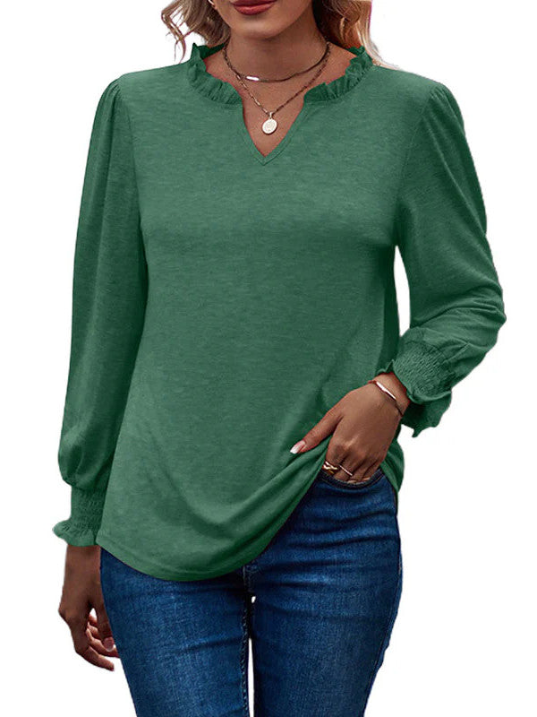 Bubble Long Sleeve V-Neck Loose Casual Tops