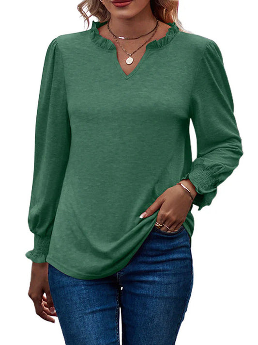 Bubble Long Sleeve V-Neck Loose Casual Tops
