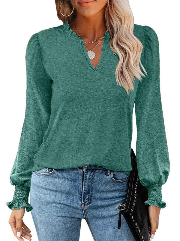 Bubble Long Sleeve V-Neck Loose Casual Tops