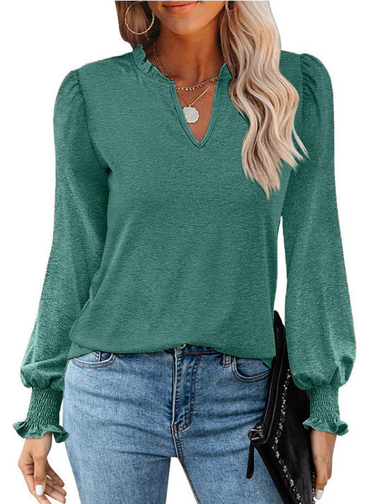 Bubble Long Sleeve V-Neck Loose Casual Tops