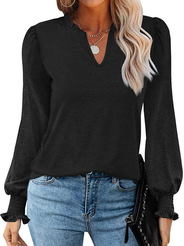 Bubble Long Sleeve V-Neck Loose Casual Tops