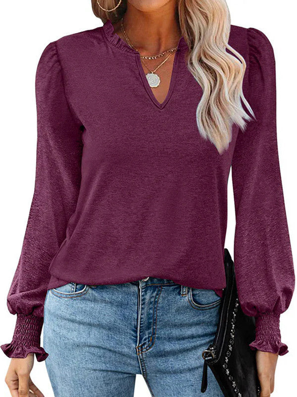 Bubble Long Sleeve V-Neck Loose Casual Tops