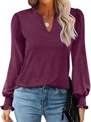 Bubble Long Sleeve V-Neck Loose Casual Tops
