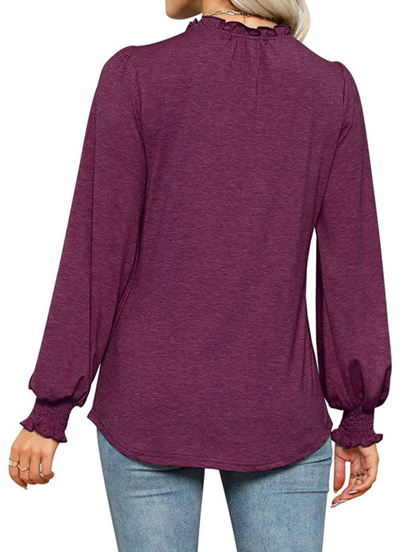 Bubble Long Sleeve V-Neck Loose Casual Tops