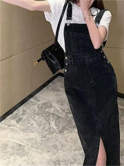 Retro Slim Slit Design Suspenders Skirt