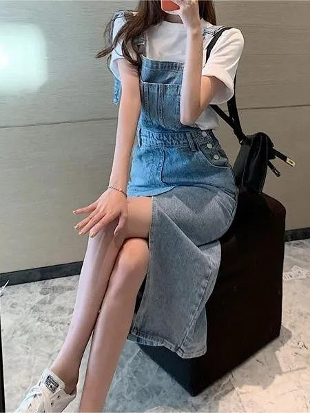 Retro Slim Slit Design Suspenders Skirt