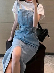 Retro Slim Slit Design Suspenders Skirt