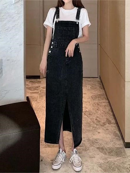 Retro Slim Slit Design Suspenders Skirt