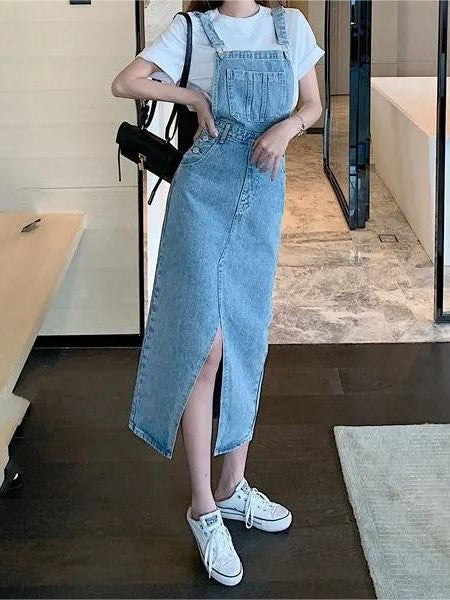 Retro Slim Slit Design Suspenders Skirt