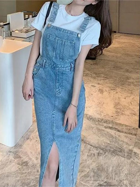 Retro Slim Slit Design Suspenders Skirt