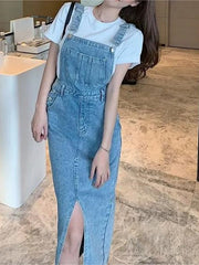 Retro Slim Slit Design Suspenders Skirt