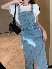 Retro Slim Slit Design Suspenders Skirt