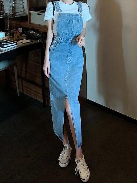 Retro Slim Slit Design Suspenders Skirt