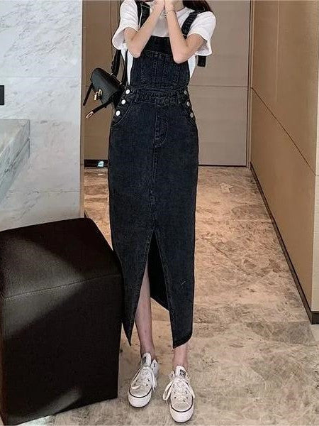 Retro Slim Slit Design Suspenders Skirt
