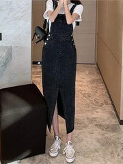 Retro Slim Slit Design Suspenders Skirt