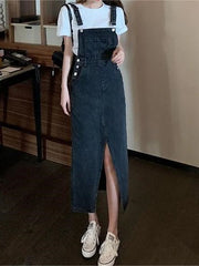Retro Slim Slit Design Suspenders Skirt