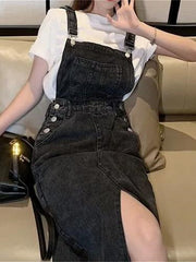 Retro Slim Slit Design Suspenders Skirt