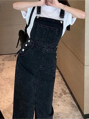 Retro Slim Slit Design Suspenders Skirt