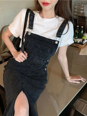 Retro Slim Slit Design Suspenders Skirt