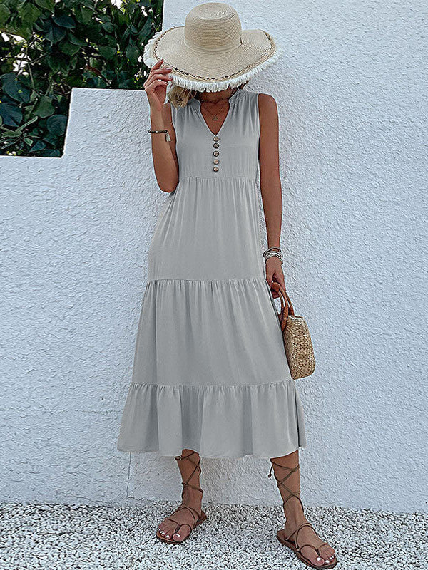 Button Detail Layered Hem Smock Dress