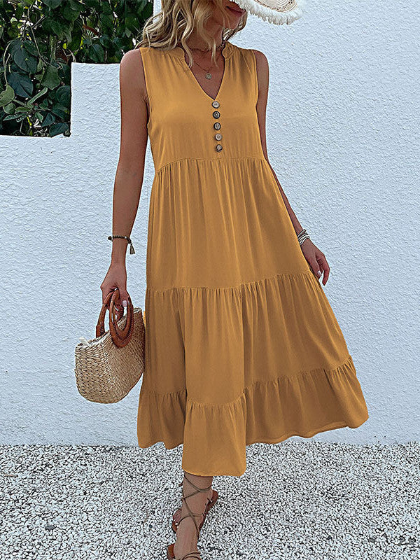 Button Detail Layered Hem Smock Dress