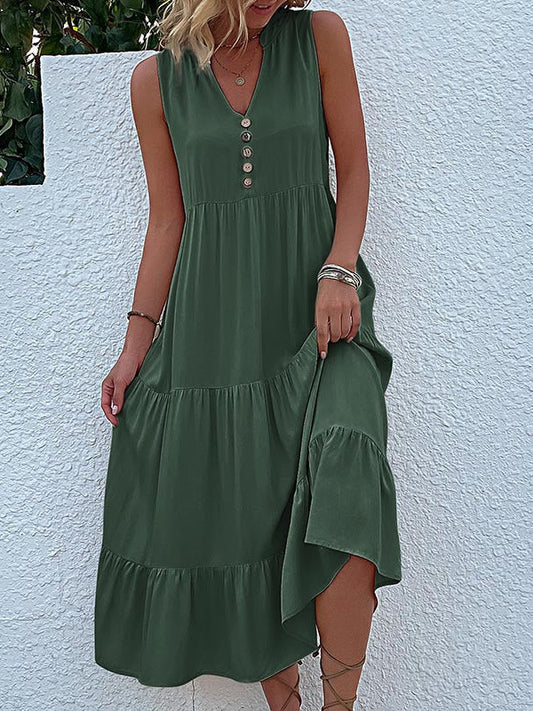 Button Detail Layered Hem Smock Dress