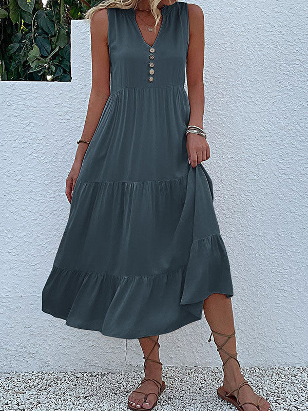 Button Detail Layered Hem Smock Dress