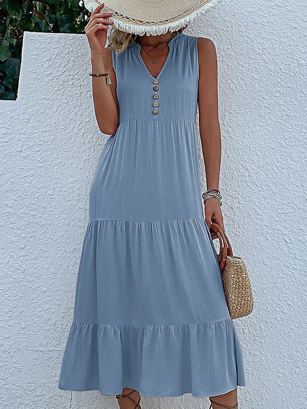 Button Detail Layered Hem Smock Dress