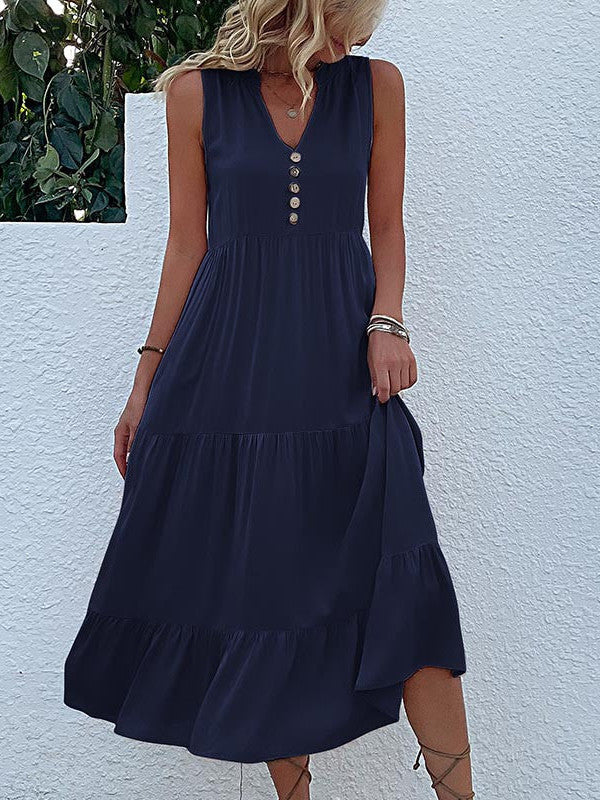 Button Detail Layered Hem Smock Dress