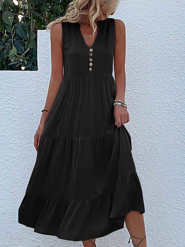 Button Detail Layered Hem Smock Dress