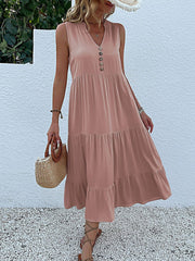 Button Detail Layered Hem Smock Dress