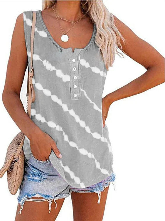 Summer Casual Stripes Buttons Sleeveless Tank Top