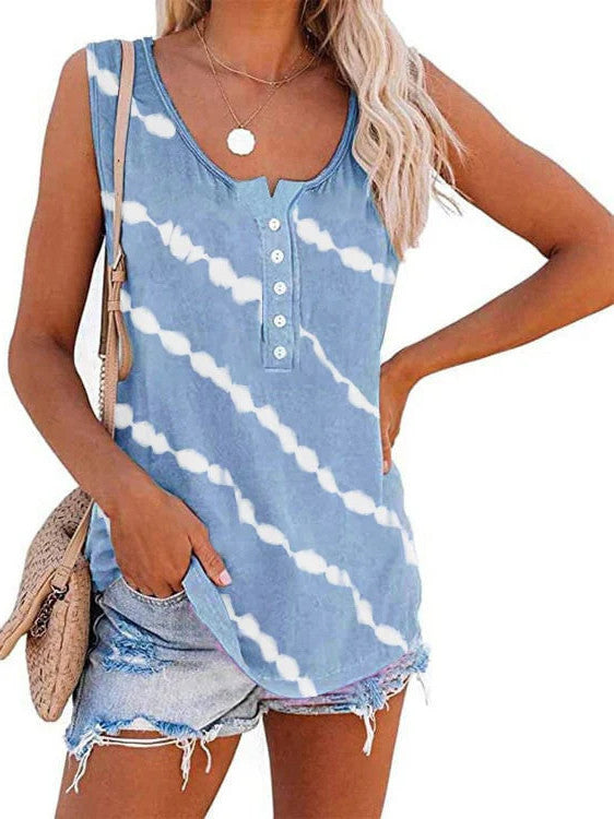 Summer Casual Stripes Buttons Sleeveless Tank Top