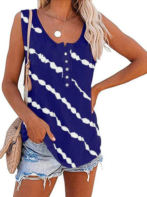 Summer Casual Stripes Buttons Sleeveless Tank Top