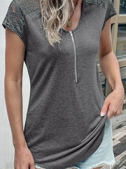 Round neck half zip panel lace short sleeve t-shirt
