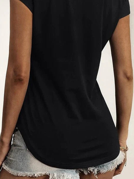 Round neck half zip panel lace short sleeve t-shirt