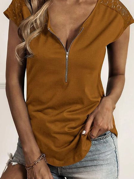 Round neck half zip panel lace short sleeve t-shirt