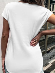 Round neck half zip panel lace short sleeve t-shirt