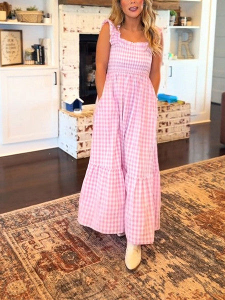 Women's Retro Plaid Smocked Flounce Long Dress