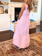 Women's Retro Plaid Smocked Flounce Long Dress