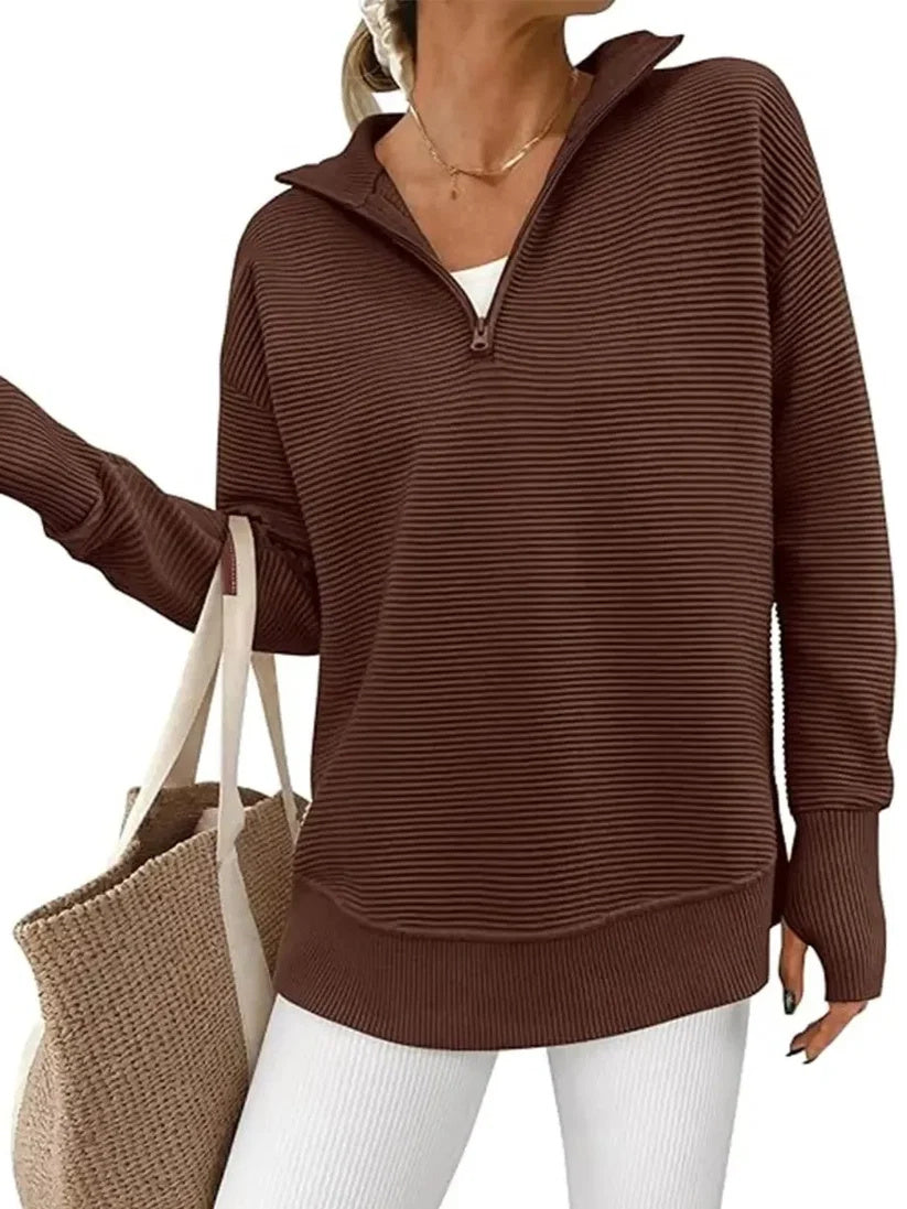 Women's Half Zip Oversized Ribbed Knit Pullover Sweater (Buy  2 Free Shipping )