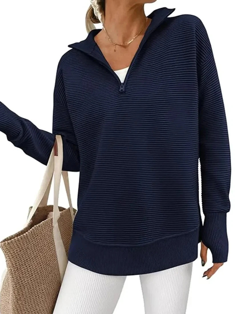 Women's Half Zip Oversized Ribbed Knit Pullover Sweater (Buy  2 Free Shipping )