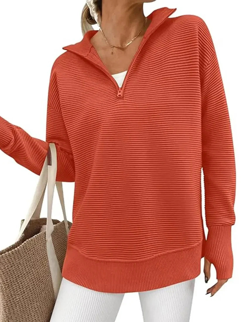 Women's Half Zip Oversized Ribbed Knit Pullover Sweater (Buy  2 Free Shipping )