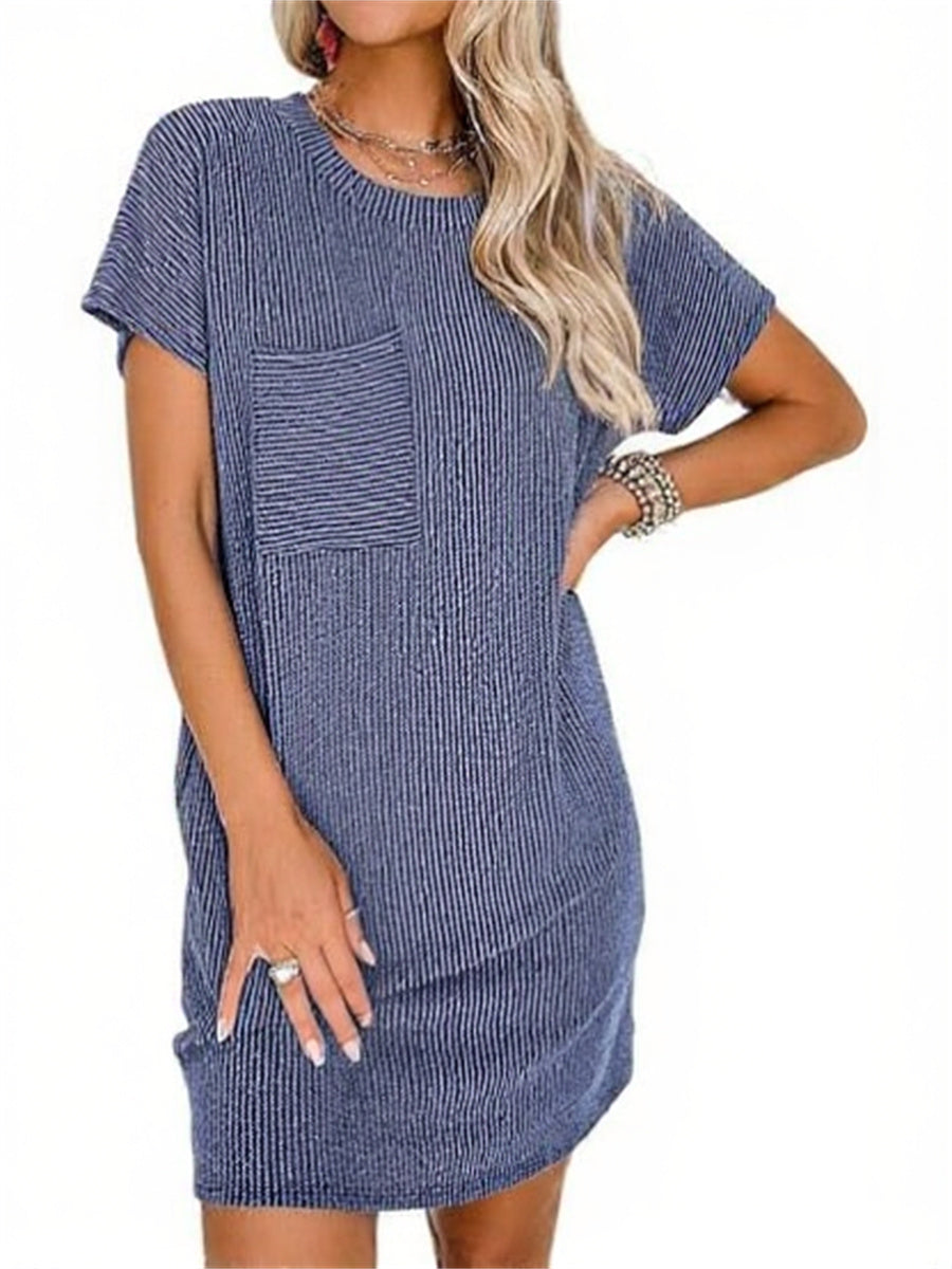 New In - Ribbed Round Neck Pocket Dress
