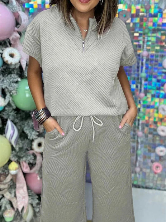 New Textured Loose Zip Top and Drawstring Pants Casual Set