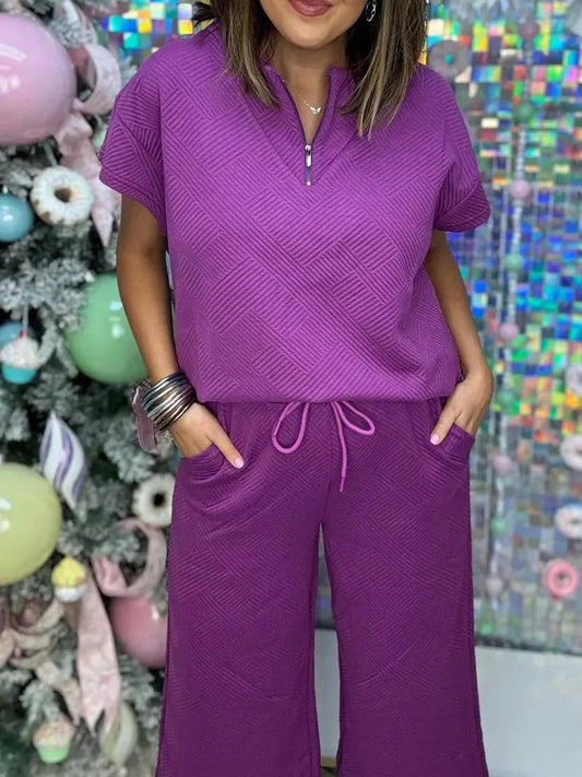 New Textured Loose Zip Top and Drawstring Pants Casual Set