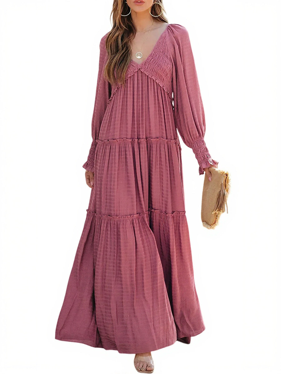 Women's Long Sleeve V Neck Boho Flowy Maxi Dresses